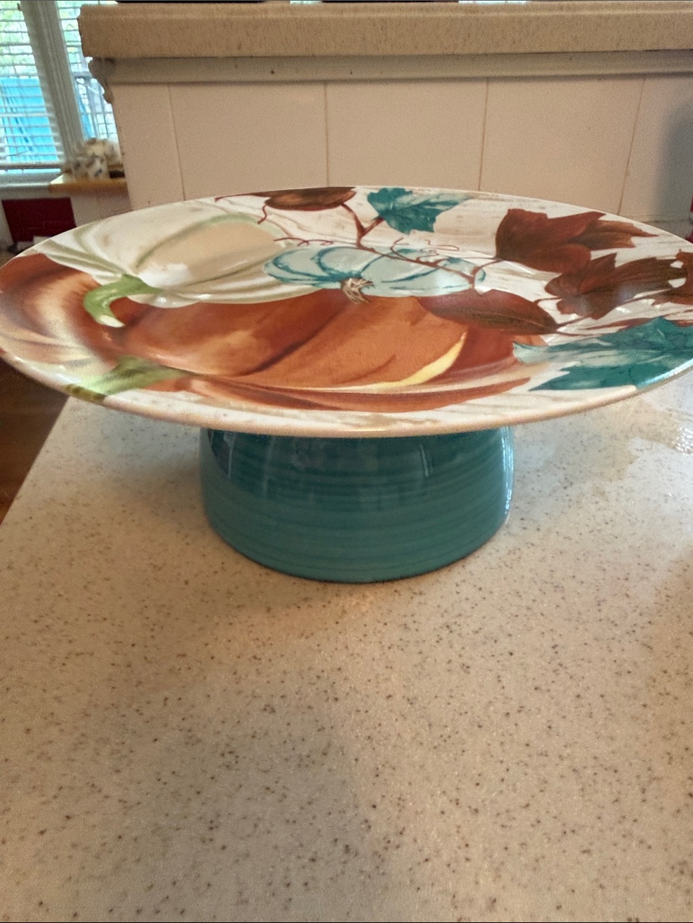 Hand-Painted Ceramic Pedestal Plate in Teal and Brown